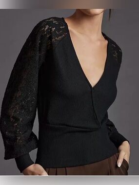 Anthropologie Black Lace Sleeve Crop crossover sweater M